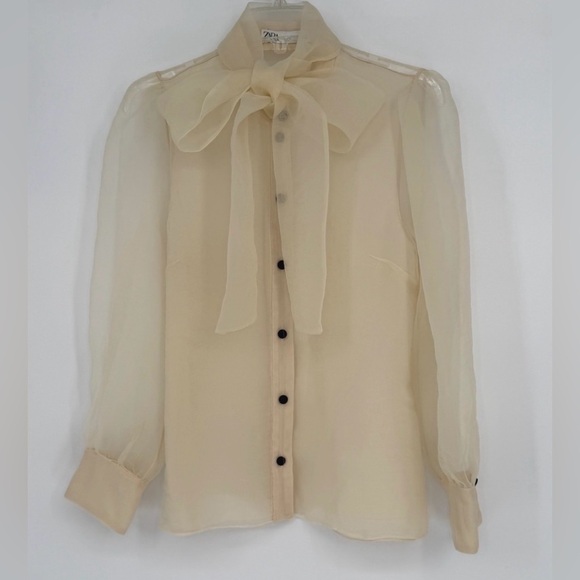 Zara Organza Bow Blouse Cream Sheer
Button Front Top XL - Picture 3 of 5